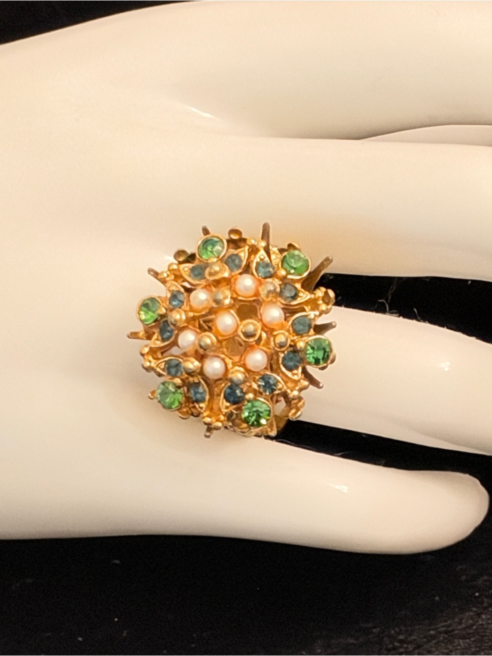 Vintage Florenza Cluster Ring with Green Crystals and Pearls